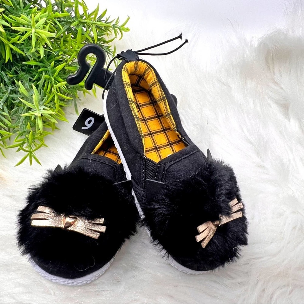 Baby Girl Wonder Nation Black Furry Slip On Kitty Cat Shoes Size 6 - Picture 2 of 6